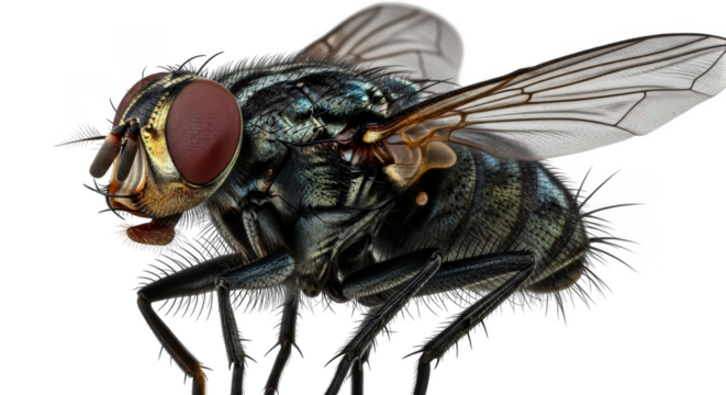 Extreme close up macro photograph of a detailed fly insect with striking compound eyes