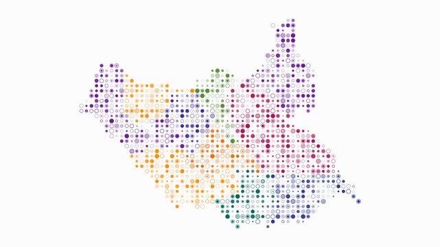 South Sudan animation. Shape of the country with pulsating colored dots. Small size circle blocks. Digital style South Sudan map on white background. Trending video.