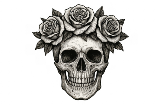 Skull wearing roses crown illustrating life and death