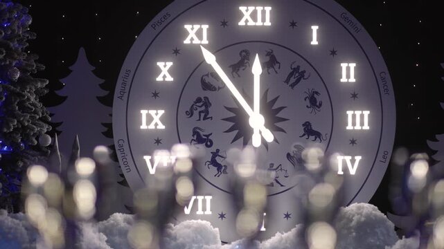 New Year Countdown: A captivating image of a clock illuminated in the midnight sky. The clock's elegant design, which is encircled by the zodiac signs, counts down to the year's beginning.