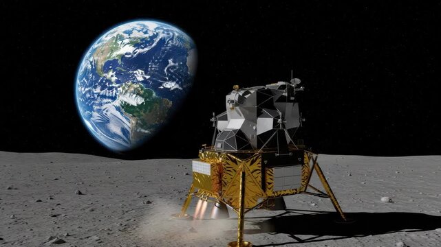 gold and silver lunar lander sits on the grey rocky surface of the moon with its thrusters emitting light A vibrant blue and green Earth looms large in the dark star-filled sky