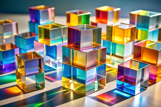 Vibrant colorful glass cubes stacked and scattered creating abstract geometric patterns with light refractions - Powered by Adobe