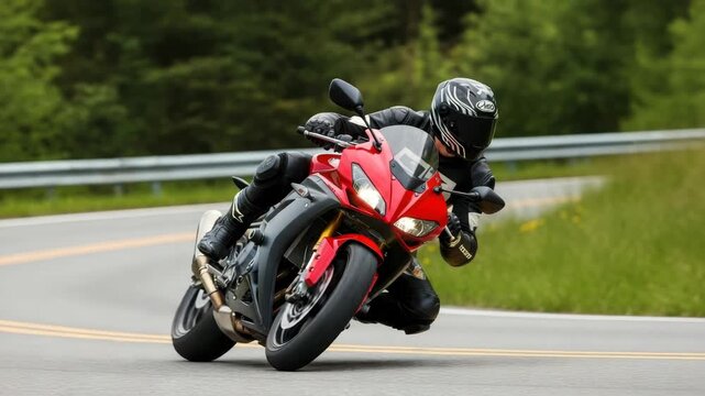 rider in black suit and patterned helmet deeply leans vibrant red and black sport motorcycle through right curve on an asphalt road Green trees guardrail and grassy fields frame the scene