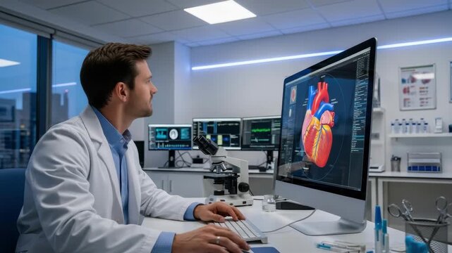 male researcher in white lab coat meticulously analyzes 3D human heart model on computer screen He uses keyboard and mouse in modern laboratory featuring multiple monitors and microscope
