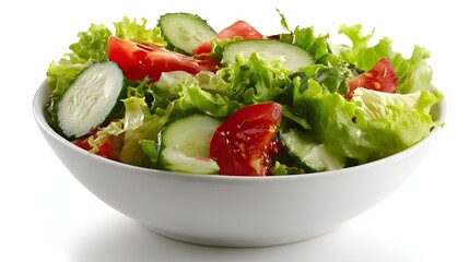 Freshly prepared salad presented in a white bowl, features vibrant green lettuce leaves alongside sliced cucumbers and ripe, red tomatoes, offering a healthy and colorful meal option.