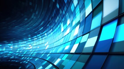 Abstract Curved Wall of Blue Glass Panels with Light Reflections