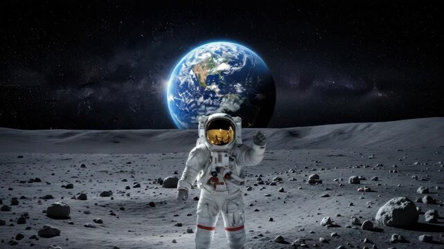 lone astronaut in white suit with golden visor stands on rocky cratered lunar surface giving thumbs-up The blue and green Earth prominently hangs in the dark starry sky
