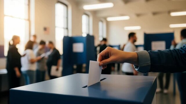 hand wearing denim sleeve precisely drops white ballot into blue election box Blurred figures voting booths and bright window light fill the spacious polling place