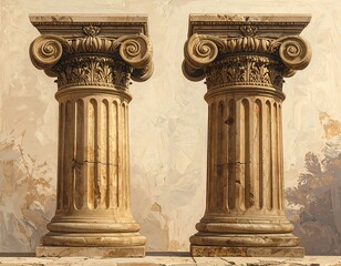 Two ancient columns against a painted backdrop