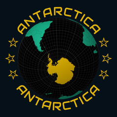 Antarctica on Globe. Round country and continent name text. Country view on world map in Black Emerald color palette. Antarctica shape on map. Creative vector illustration.