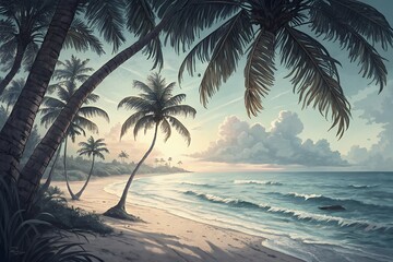 Serene tropical beach at sunset with palm trees and ocean waves