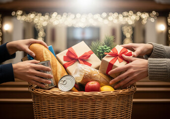 Hands sharing Christmas gift basket filled with bread and wrapped presents, symbol of compassion, charity and love