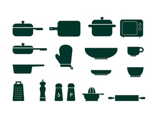 Set of kitchen tools and utensils in black silhouette vector style on white background perfect for food design, cooking apps, menus, or chef branding