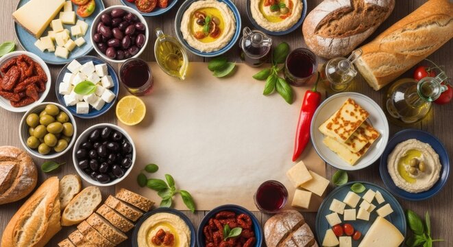 Delicious mediterranean appetizers assortment served with bread and wine, copy space for text in the middle - Powered by Adobe