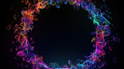 A dark background reveals a circular arrangement of fragmented, iridescent, geometric glass shards