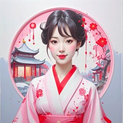 Young woman in kimono with plum blossoms