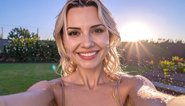 Smiling woman in a wet bathing suit - Powered by Adobe