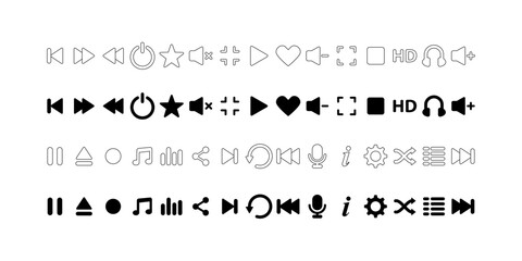 Modern vector set of media player interface icons including play, pause, stop, volume, settings. Audio and video control symbols for multimedia web UI