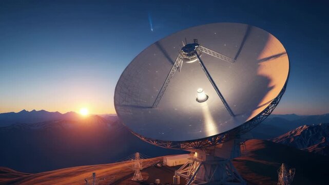 giant astronomical dish under twilight sky capturing distant comet and faint stars The sun dips behind majestic mountain range illuminating the observatory complex on the vast rugged landscape