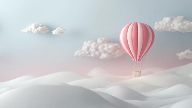 Pink hot air balloon floating above clouds in dreamy pastel sky
