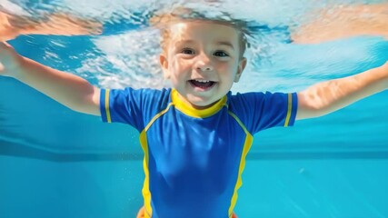 joyful young child with brown hair smiles broadly underwater wearing blue and yellow swim shirt and orange trunks arms outstretched in bright blue pool