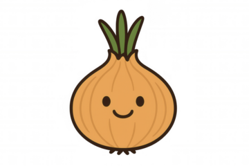 Cute onion cartoon character smiling, representing healthy eating, food, and childlike joy on transparent background