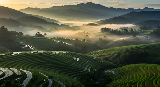 Mountain Valley Sunrise Over Lush Green Rice Terraces with Mist