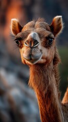 Fototapeta premium Close-Up of a Young Camel with Expressive Eyes Against a Scenic Background Highlighting Natural Beauty of the Desert Environment