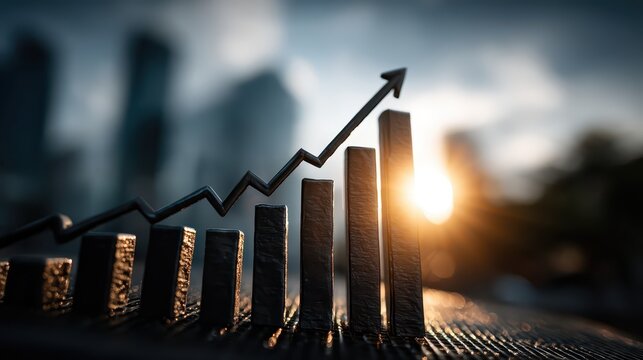 Financial Growth Concept with Rising Graph and Urban Background at Sunrise in Soft Focus, Symbolizing Profit and Advancement in Business