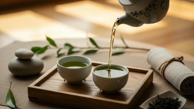 tea ceremony setup features vibrant green tea being poured into cups on wooden tray Zen stones rolled cloth and fresh leaves complement the tranquil atmosphere with soft sunlight