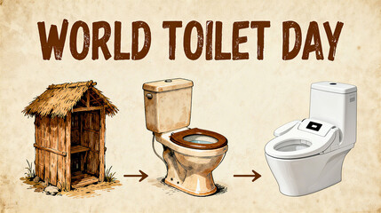 Different types of toilets represent the concepts of World Toilet Day and the development of sanitation facilities, and are suitable for hygiene promotion scenarios.