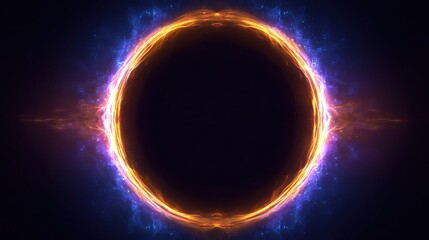 A glowing, circular portal of orange and yellow energy, framed by blue sparks, opening to darkness