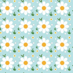 Seamless daisy flower pattern with white petals and yellow centers on a light blue background. A cute and cheerful floral design perfect for fabric prints, wallpaper, stationery, wrapping paper, and d