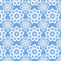 Elegant Thai-inspired floral geometric pattern in gold and blue tones. Perfect for traditional fabric design, wallpaper, background, packaging, and modern decorative art.