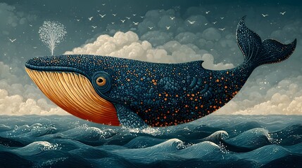 Playful illustration presents a stylized whale gracefully emerging from a stylized ocean, accompanied by whimsical waves, against a backdrop of dramatic clouds and a sky filled with soaring birds,...
