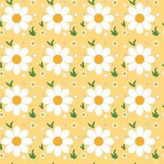 Seamless daisy flower pattern with white petals and yellow centers on a light blue background. A cute and cheerful floral design perfect for fabric prints, wallpaper, stationery, wrapping paper, and d