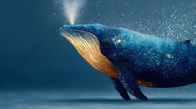 Magnificent illustration of a whale emitting water, depicting a cosmic, stellar pattern across its body with hints of gold, set against a deep, immersive, blue backdrop. - Powered by Adobe