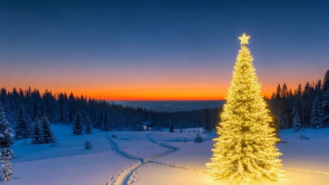 radiant star-topped tree glows golden in vast pristine snowfield Pine forests line the horizon under blue-orange twilight sky with tracks winding through the tranquil winter wonderland