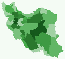 Map of Iran with regions. Just a simple country border map with region division. Green color palette. Plain Islamic Republic of Iran shape with administrative division. Vector illustration.