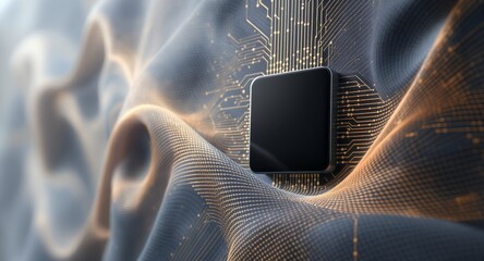 Abstract technology illustration with circuit board patterns and black rectangular element