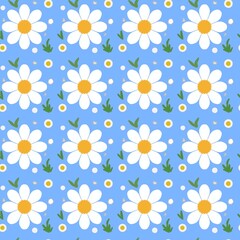 Seamless daisy flower pattern with white petals and yellow centers on a light blue background. A cute and cheerful floral design perfect for fabric prints, wallpaper, stationery, wrapping paper, and d