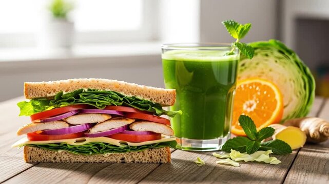 A chicken sandwich with green juice orange slice ginger and half of cabbage on a wooden table