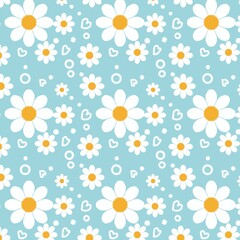 Obraz premium Seamless daisy flower pattern with white petals and yellow centers on a light blue background. A cute and cheerful floral design perfect for fabric prints, wallpaper, stationery, wrapping paper, and d