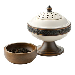 Ceramic Incense Burner With Wooden Bowl Of Loose Leaf Tea graphic design