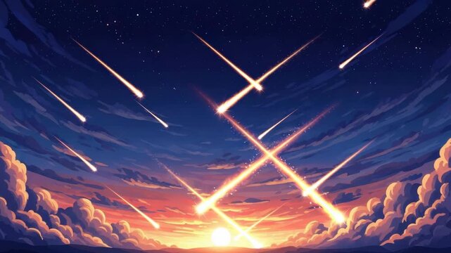 anime scene depicts breathtaking meteor shower against gradient twilight sky from deep blue to fiery orange Multiple glowing trails crisscross illuminating puffy clouds and radiant horizon