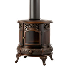 Dark Bronze Wood Stove with Glass Door and Detailed Carvings on Base fireplace heating