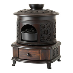 Dark Wood Incense Burner With Carved Details And Drawer Keywords: incense burner, dark wood