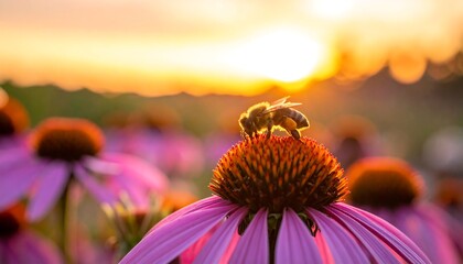 A Bee Gathering Pollen on a Purple Flower with Sunset Background
