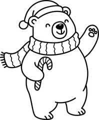 Cartoon Line Art of Polar Bear with Candy Cane Illustration