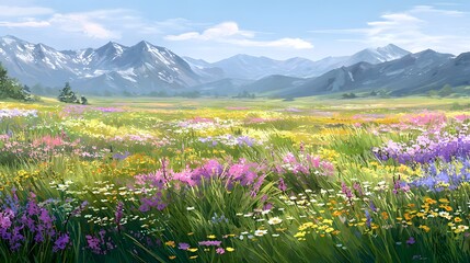 Obraz premium Peaceful vista showcases a vibrant meadow blooming with wildflowers in shades of pink, yellow, and purple, under a bright blue sky, with majestic snow-capped mountains in the background, creating a...